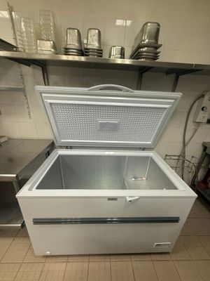a white chest freezer sitting in a kitchen