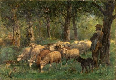 un tableau représentant un homme debout dans un champ avec un troupeau de moutons