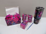 a cup, pencil, and other items that are on a table