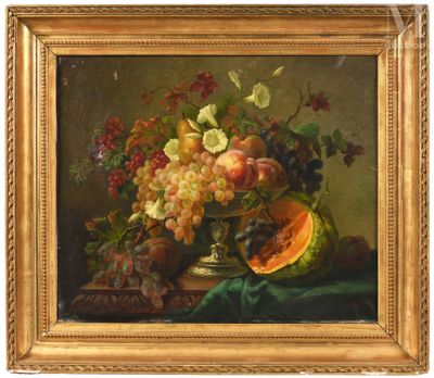 painting of a still life of fruit and flowers on a table