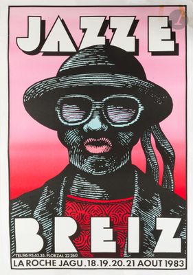 poster of a man with a hat and glasses on a red background