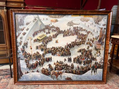 un tableau représentant un grand groupe de personnes dans un champ enneigé
