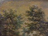 a painting of cows grazing in a field with trees in the background