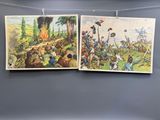 deux tableaux accrochés à une corde à linge fixée au mur