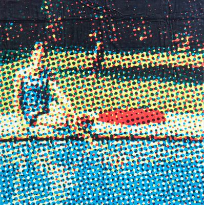 un tableau représentant un homme sur une planche de surf dans l'eau