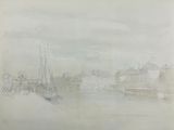 drawing of a view of a harbor with boats and buildings