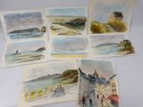 quatre aquarelles représentant des bâtiments et une personne marchant sur la plage