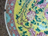 a yellow plate with a bird on it sitting on the ground