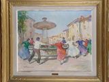 une peinture à l'huile représentant un groupe de personnes dansant autour d'une fontaine