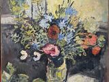 a painting of flowers in a vase on a window sill