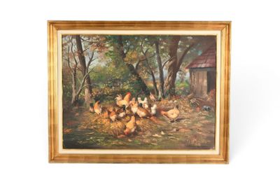 tableau représentant des poulets dans un environnement boisé, avec une remise en arrière-plan