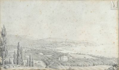 an old drawing of a view of a town from a hill