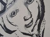 a black and white drawing of a woman with a tennis racket