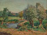 une image représentant un tableau où l'on voit une rivière et des arbres dans un champ