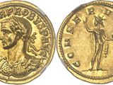a gold coin with an image of a man holding a staff