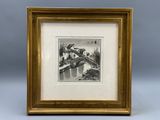 a black and white drawing of a bridge over a river