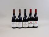 six bouteilles de vin sont alignées sur une surface blanche
