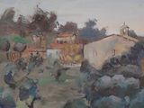 an image of a painting of a house and trees in a field