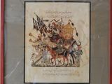 painting of a group of men riding on horses in a carriage