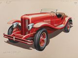 peinture représentant une vieille voiture rouge sur fond beige