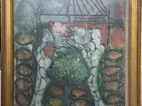 framed painting of a woman with a basket of flowers in a garden