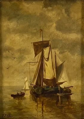 une peinture représentant un voilier sur l'eau, avec d'autres bateaux en arrière-plan