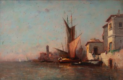 une peinture représentant un bateau sur l'eau près d'un bâtiment