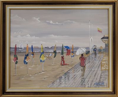 un tableau représentant des personnes se promenant sur la plage avec des parasols