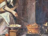 an oil painting of a woman sitting on a bed with a bowl of food in front of her