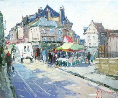 une peinture représentant une scène de rue avec des personnes marchant sur le trottoir