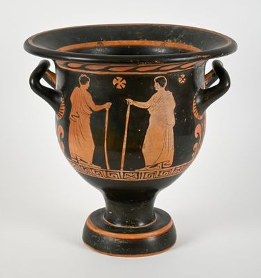 a vase with two people on it on a white background