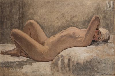 tableau représentant une femme nue allongée sur un lit, les jambes croisées