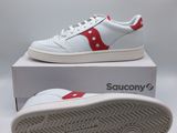 a white and red sneak with a red stripe on the side