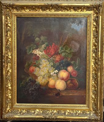tableau représentant une nature morte composée de fruits et de fleurs, dans un cadre doré