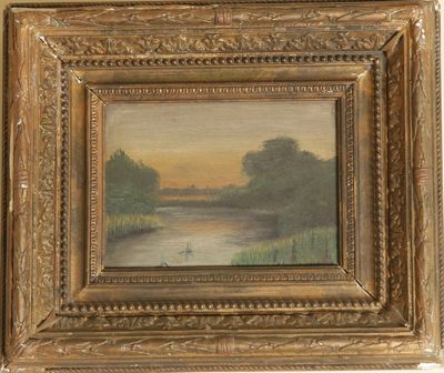 an oil painting of a river scene with a bird in the foreground