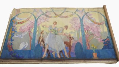 tableau représentant une femme à cheval et un homme à cheval dans un parc