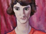an oil painting of a woman in a red shirt