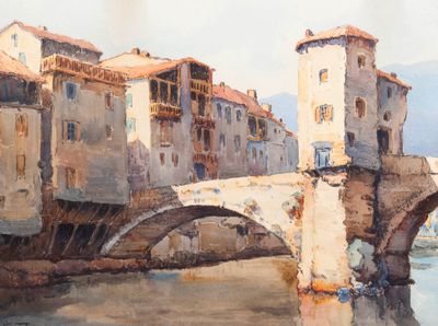 a painting of a bridge over a river with buildings in the background
