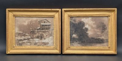 paire d'aquarelles du XIXe siècle représentant une scène fluviale