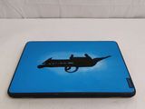 a laptop that has a picture of a gun on it