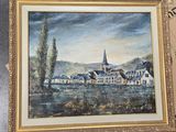l'image d'un tableau représentant un village avec une église à l'arrière-plan