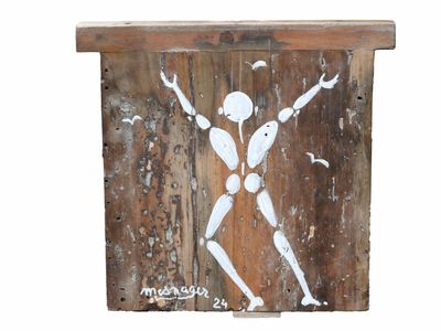 a painting of a man on a wooden wall