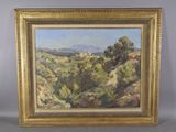une image représentant un tableau représentant un paysage avec des arbres et des collines