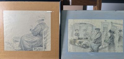 two framed drawings of people sitting on a bench
