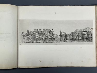 an open book with a drawing of a group of men on horses