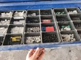 someone is holding a tray full of assorted screws and screws