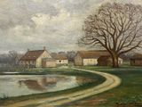 painting of a farm with a pond and a road in the foreground