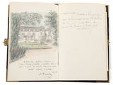 an open book with a drawing of a house in the background