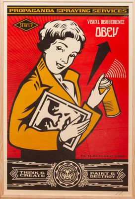 a poster of a woman holding a can of soda and a spray can