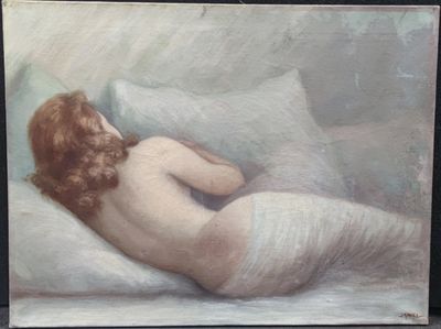 painting of a naked woman laying on a bed with a pillow